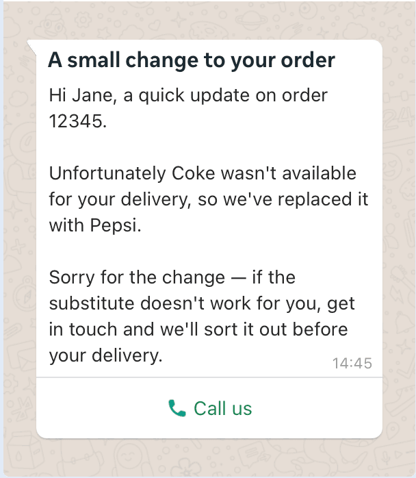 WhatsApp message telling the customer a product on their order has been substituted, with a Call us button