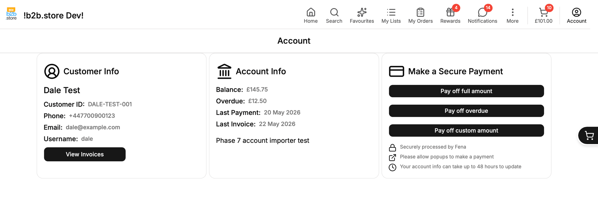B2B Store account page with secure payment options