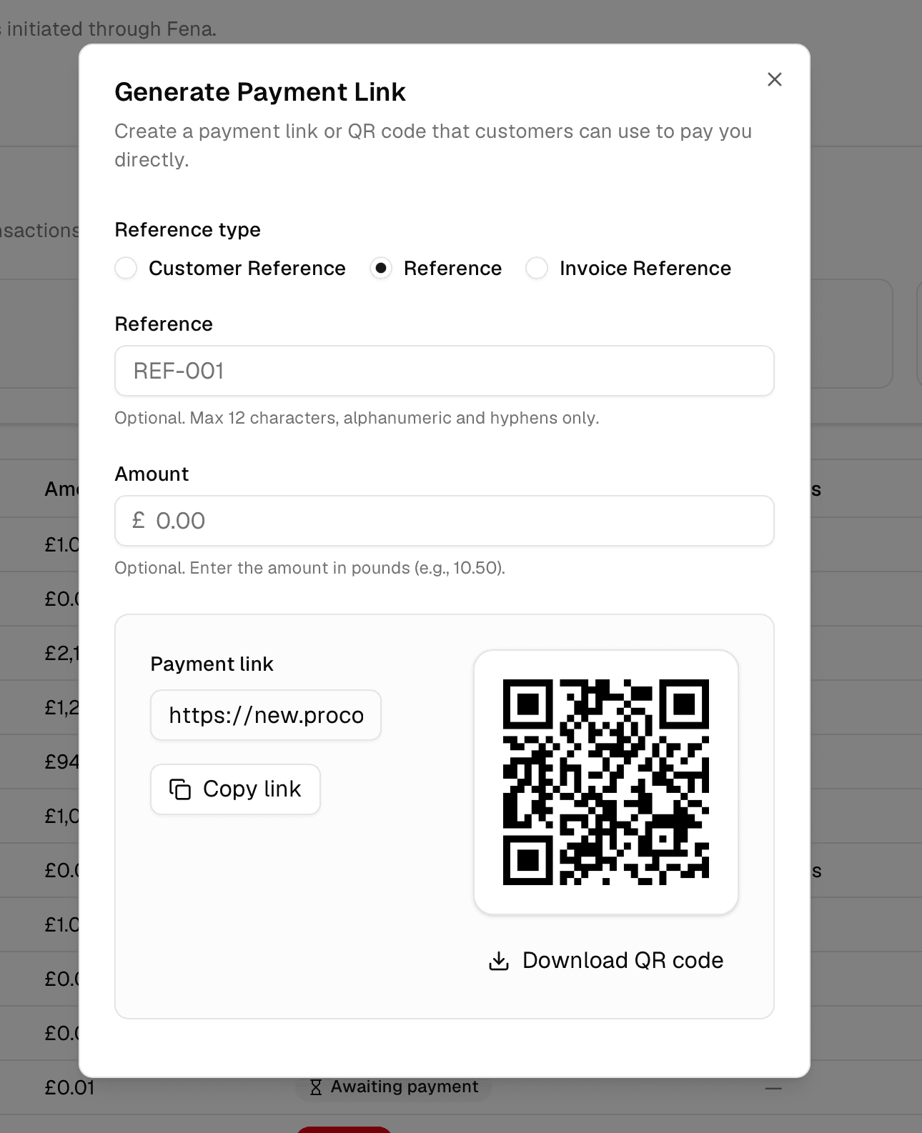 Generate Payment Link dialog with payment link and QR code