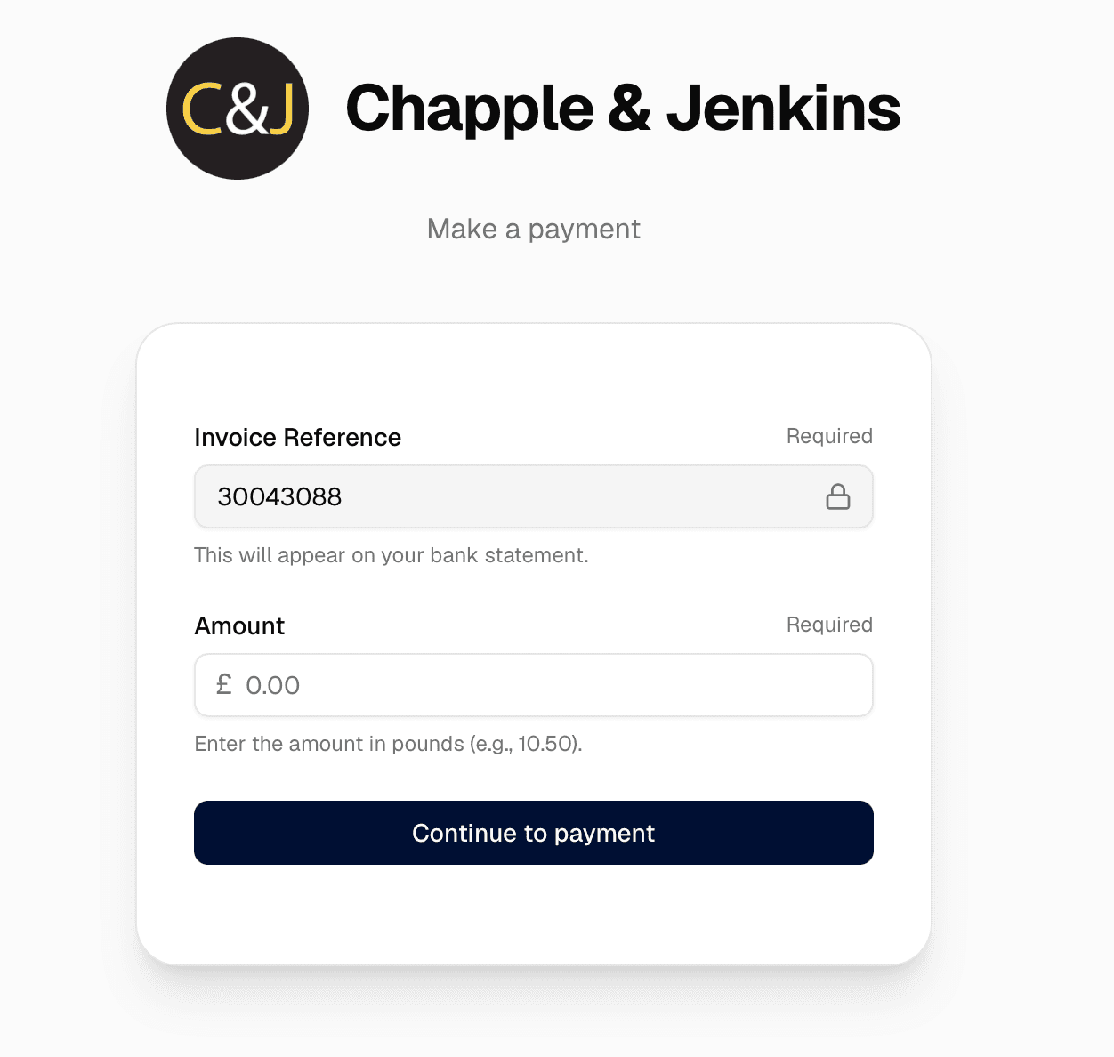 Customer payment page with invoice reference filled in